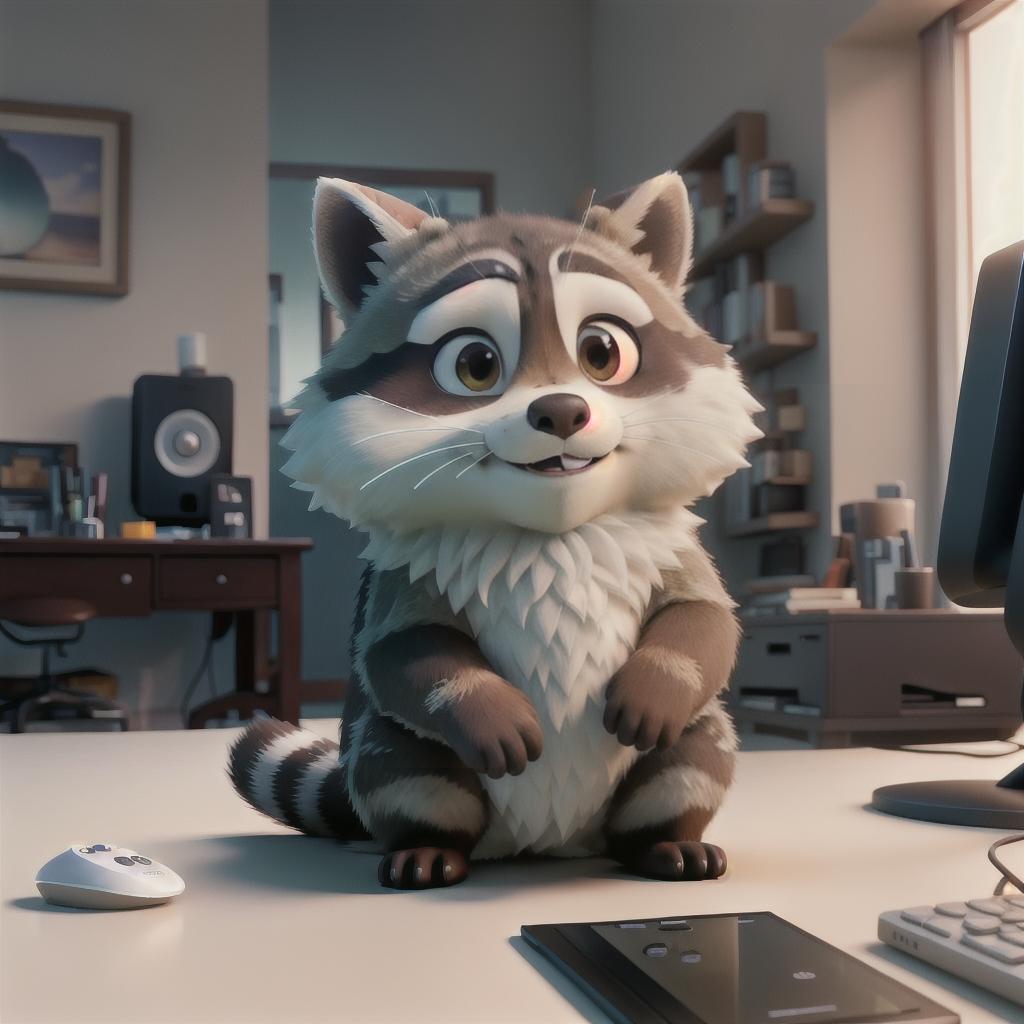  raccoon sitting in gaming chair front a computer on desktop, ((semi anthropomorphic)),(full body), tail, belly, sitting, fat, (chubby), (((white background))), solo, desktop, gaming chair, side view,  [[[clothes]]] hyperrealistic, full body, detailed clothing, highly detailed, cinematic lighting, stunningly beautiful, intricate, sharp focus, f/1. 8, 85mm, (centered image composition), (professionally color graded), ((bright soft diffused light)), volumetric fog, trending on instagram, trending on tumblr, HDR 4K, 8K