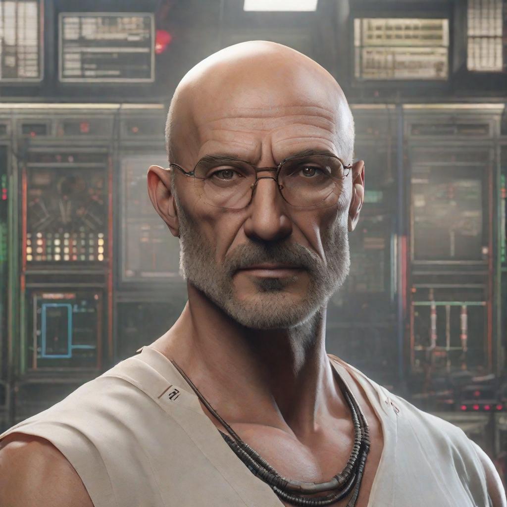  A middle aged Dr. Venture in real life with a hooked nose, a long gaunt face and skinny body and neck, very thin and bald, realistic, very realistic, hyperrealistic, highly detailed, very detailed, extremely detailed, detailed, digital art, oil painting, trending on artstation, headshot and bodyshot, detailed face, very detailed face, extremely detailed face, HD Quality, 8k resolution, very very detailed face, real life. hyperrealistic, full body, detailed clothing, highly detailed, cinematic lighting, stunningly beautiful, intricate, sharp focus, f/1. 8, 85mm, (centered image composition), (professionally color graded), ((bright soft diffused light)), volumetric fog, trending on instagram, trending on tumblr, HDR 4K, 8K