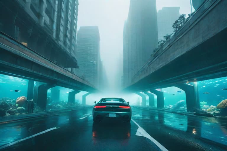  A modern city under ocean that have mermaid, cars, stores and fishes hyperrealistic, full body, detailed clothing, highly detailed, cinematic lighting, stunningly beautiful, intricate, sharp focus, f/1. 8, 85mm, (centered image composition), (professionally color graded), ((bright soft diffused light)), volumetric fog, trending on instagram, trending on tumblr, HDR 4K, 8K