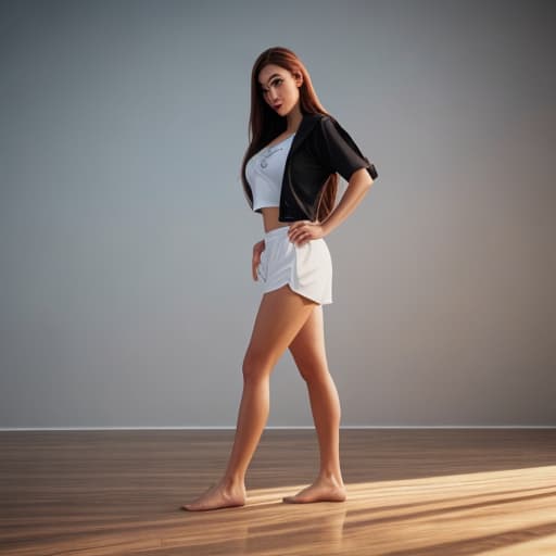  Girl in gym shorts. hyperrealistic, full body, detailed clothing, highly detailed, cinematic lighting, stunningly beautiful, intricate, sharp focus, f/1. 8, 85mm, (centered image composition), (professionally color graded), ((bright soft diffused light)), volumetric fog, trending on instagram, trending on tumblr, HDR 4K, 8K