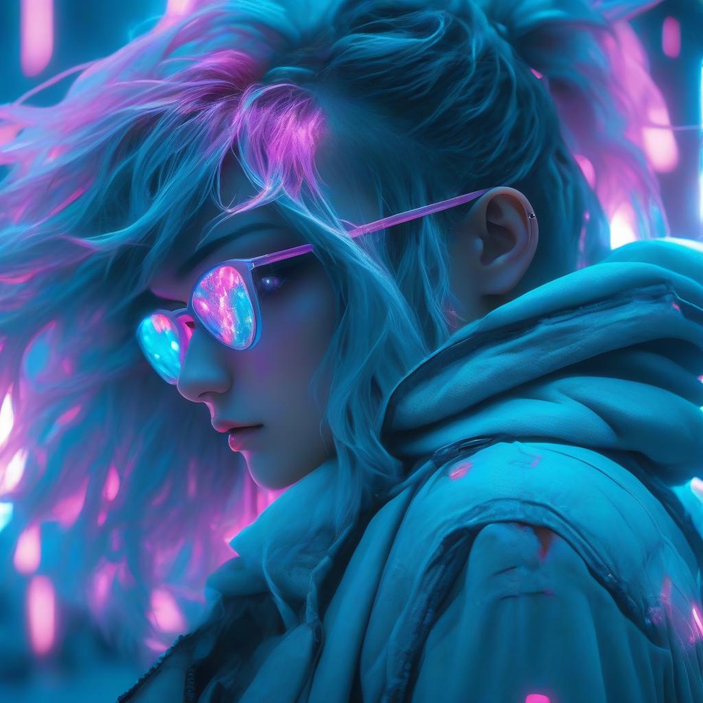  cinematic photo a girl with pink eyes standing in front of a blue light, anime epic artwork, technological sunglasses, malicious, wlop : :, bright blue glowing water, rage, black square glasses, corrupted, streaming on twitch, 2 d cg, || very anime, unknown, malevolent, ecchi . 35mm photograph, film, bokeh, professional, 4k, highly detailed hyperrealistic, full body, detailed clothing, highly detailed, cinematic lighting, stunningly beautiful, intricate, sharp focus, f/1. 8, 85mm, (centered image composition), (professionally color graded), ((bright soft diffused light)), volumetric fog, trending on instagram, trending on tumblr, HDR 4K, 8K