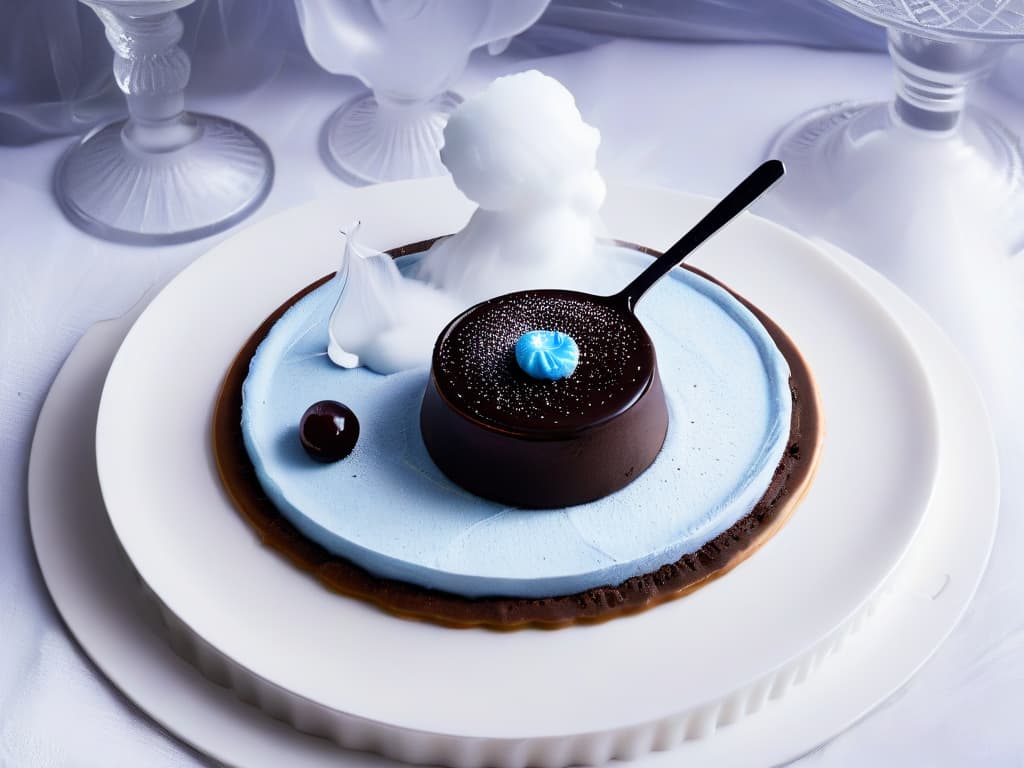  A closeup, highresolution image of a beautifully crafted, minimalist dessert inspired by Sherlock Holmes, showcasing intricate details like a magnifying glass made of spun sugar, a silhouette of Sherlock piped in chocolate, and a hint of mystery in the form of smoke or mist surrounding the dessert. The dessert should be elegantly presented on a sleek, modern plate with subtle lighting to enhance the shadows and highlights, creating a visually striking and intriguing image that captures the essence of Sherlock's charm and influence on the world of pastry. hyperrealistic, full body, detailed clothing, highly detailed, cinematic lighting, stunningly beautiful, intricate, sharp focus, f/1. 8, 85mm, (centered image composition), (professionally color graded), ((bright soft diffused light)), volumetric fog, trending on instagram, trending on tumblr, HDR 4K, 8K