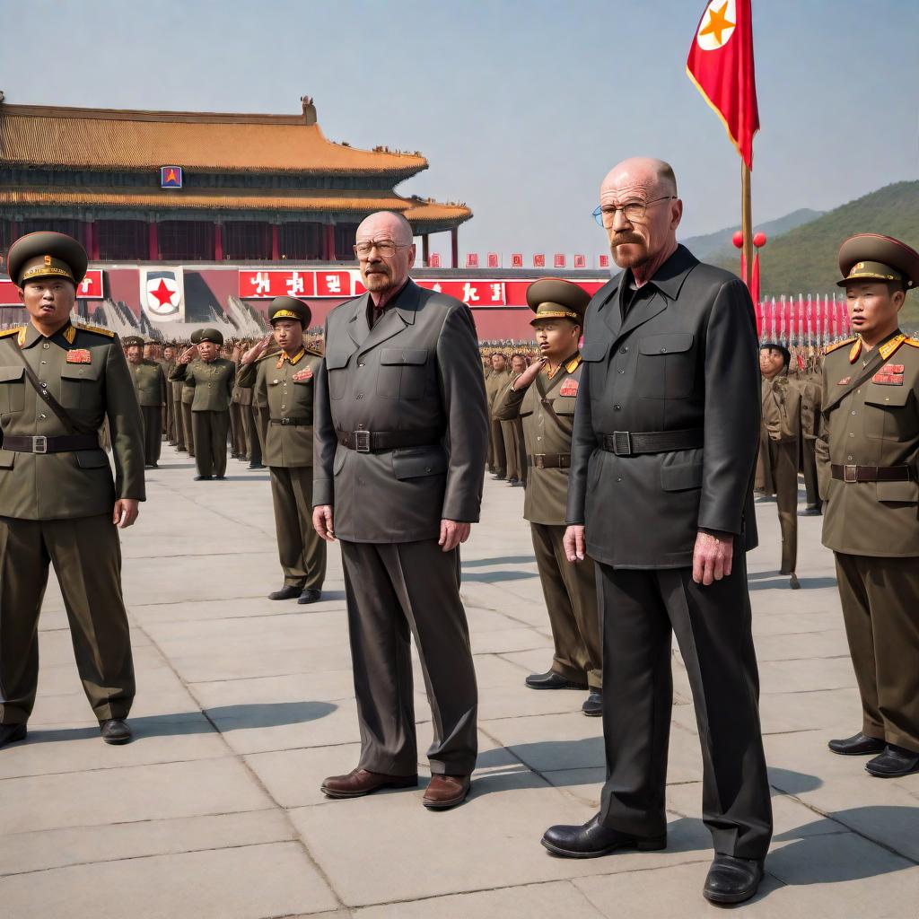  Walter White from Breaking Bad, depicted in a North Korean setting, saluting and wearing a black military uniform with four pockets and a collar at Kim Il Sung Square, waving down to the people during a military parade with soldiers and rockets. hyperrealistic, full body, detailed clothing, highly detailed, cinematic lighting, stunningly beautiful, intricate, sharp focus, f/1. 8, 85mm, (centered image composition), (professionally color graded), ((bright soft diffused light)), volumetric fog, trending on instagram, trending on tumblr, HDR 4K, 8K