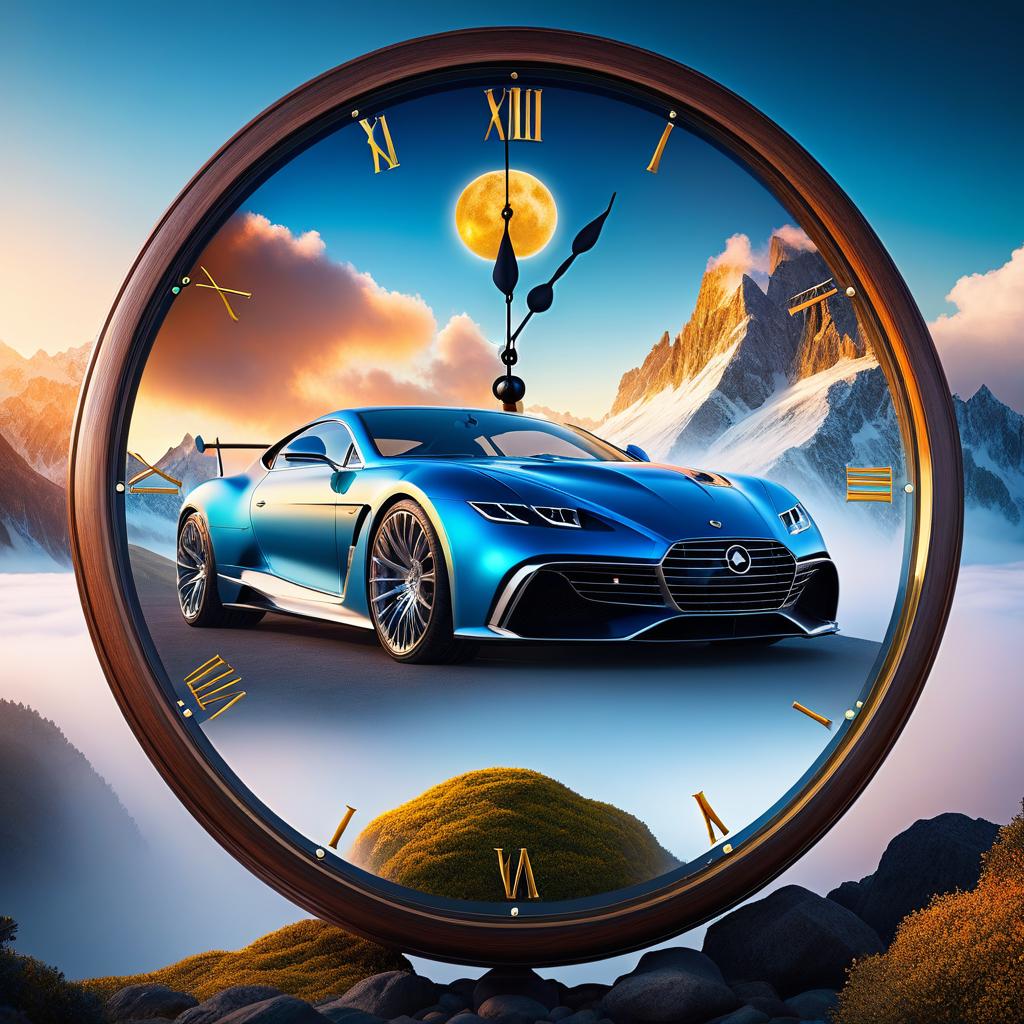  ethereal fantasy concept art of (Fancy Car Gelik). Car design: wooden carved case lacquered. Bowls of transparent glass. Inside the top bowl of the clock the rising sun is displayed. Around the sun is a blue sky and white, golden blue clouds. (Inside the lower bowl of the clock): night, dark blue sky with a bright yellow month with a silvery cast. Beneath the sky are mountains covered with blue white snow, shimmering with different colours of the rainbow. . magnificent, celestial, ethereal, painterly, epic, majestic, magical, fantasy art, cover art, dreamy hyperrealistic, full body, detailed clothing, highly detailed, cinematic lighting, stunningly beautiful, intricate, sharp focus, f/1. 8, 85mm, (centered image composition), (professionally color graded), ((bright soft diffused light)), volumetric fog, trending on instagram, trending on tumblr, HDR 4K, 8K