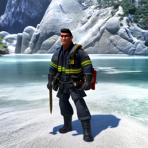 modern disney style Guy MontagDescripción Física:Edad: Aproximadamente 30 años.Complexión: Fuerte y atlética, debido a su trabajo como bombero.Cabello: Oscuro y corto, siempre bien peinado.Ropa: Uniforme de bombero, a menudo sucio por el hollín y el trabajo con el fuego. hyperrealistic, full body, detailed clothing, highly detailed, cinematic lighting, stunningly beautiful, intricate, sharp focus, f/1. 8, 85mm, (centered image composition), (professionally color graded), ((bright soft diffused light)), volumetric fog, trending on instagram, trending on tumblr, HDR 4K, 8K