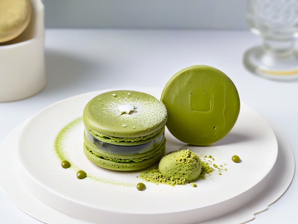  A closeup, ultradetailed image of a delicate matcha green tea macaron with a smooth, glossy surface, dusted with vibrant matcha powder. The macaron is placed on a sleek, modern white plate, highlighting its intricate details and inviting texture. The soft natural lighting enhances the rich green color of the matcha, creating a visually stunning and appetizing image that embodies the elegance and sophistication of matchainfused desserts. hyperrealistic, full body, detailed clothing, highly detailed, cinematic lighting, stunningly beautiful, intricate, sharp focus, f/1. 8, 85mm, (centered image composition), (professionally color graded), ((bright soft diffused light)), volumetric fog, trending on instagram, trending on tumblr, HDR 4K, 8K