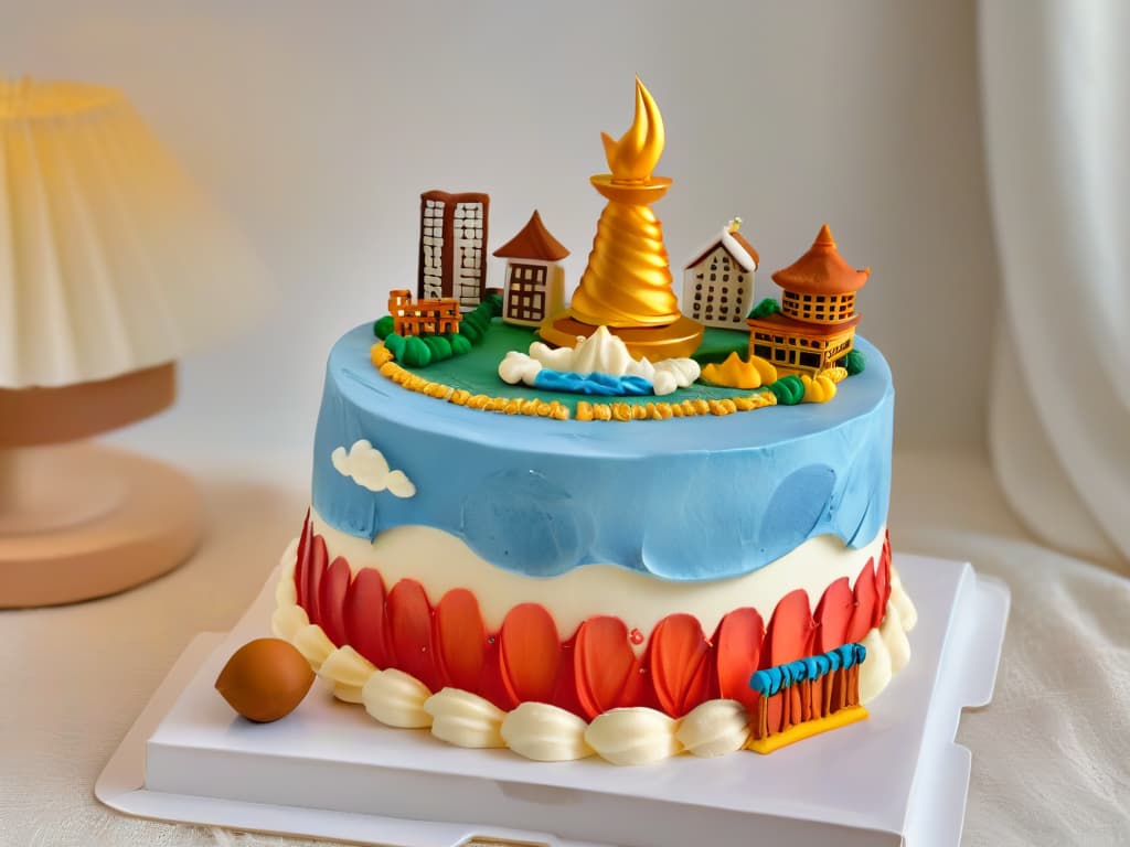  An intricately designed cake showcasing a fusion of diverse cultural elements such as miniature world landmarks delicately crafted from fondant, symbolizing the unification of various traditions through inclusive baking practices. The cake is elegantly decorated with vibrant colors representing the rich tapestry of global cultures coming together harmoniously on a pristine white background, embodying the essence of inclusivity and connection through the art of pastry. hyperrealistic, full body, detailed clothing, highly detailed, cinematic lighting, stunningly beautiful, intricate, sharp focus, f/1. 8, 85mm, (centered image composition), (professionally color graded), ((bright soft diffused light)), volumetric fog, trending on instagram, trending on tumblr, HDR 4K, 8K