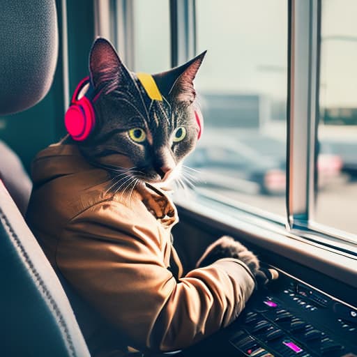 nvinkpunk Realistic image of a cat wearing headphones and reading glasses while riding a bus., masterpiece hyperrealistic, full body, detailed clothing, highly detailed, cinematic lighting, stunningly beautiful, intricate, sharp focus, f/1. 8, 85mm, (centered image composition), (professionally color graded), ((bright soft diffused light)), volumetric fog, trending on instagram, trending on tumblr, HDR 4K, 8K