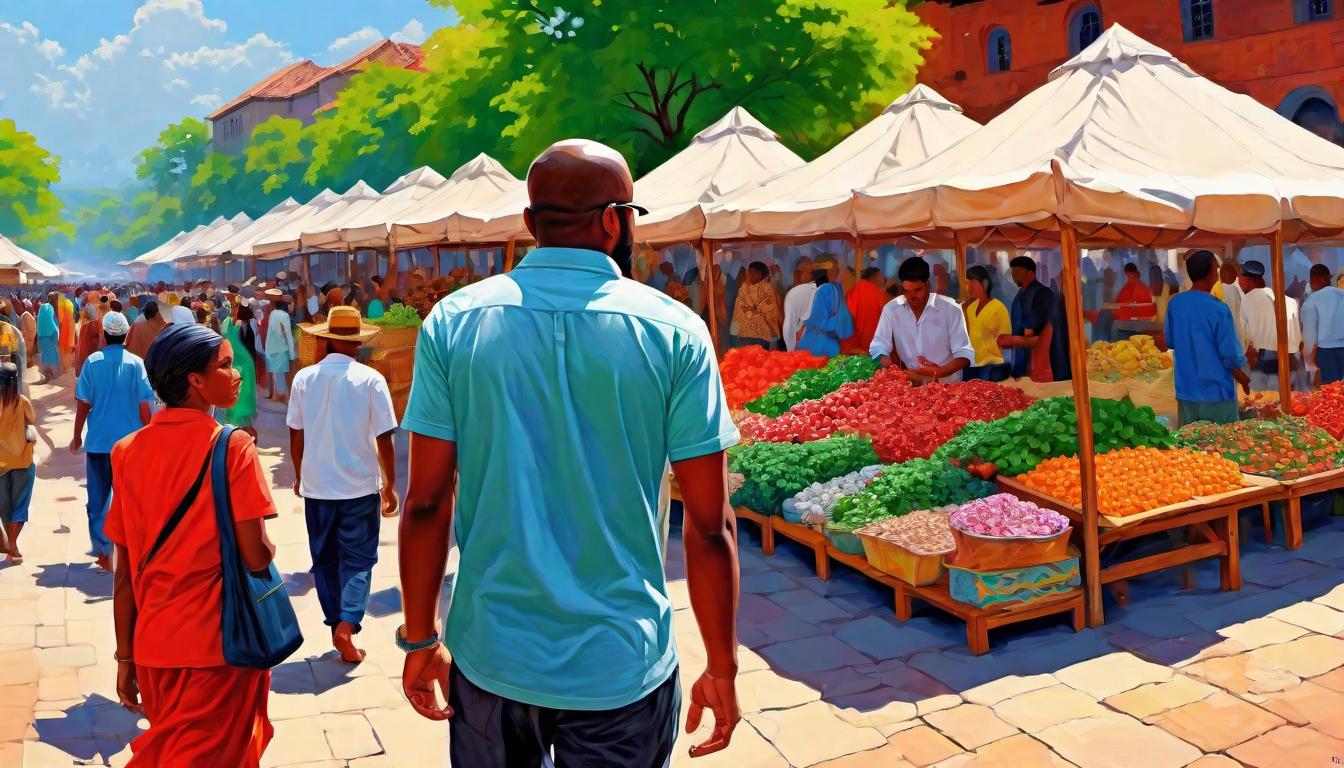  digital painting of A bustling marketplace with people of diverse appearances, vibrant, a fabric of life, dynamic faith, intersection of beliefs and daily life looking at viewer, dynamic pose, (intricate details, masterpiece, best quality)