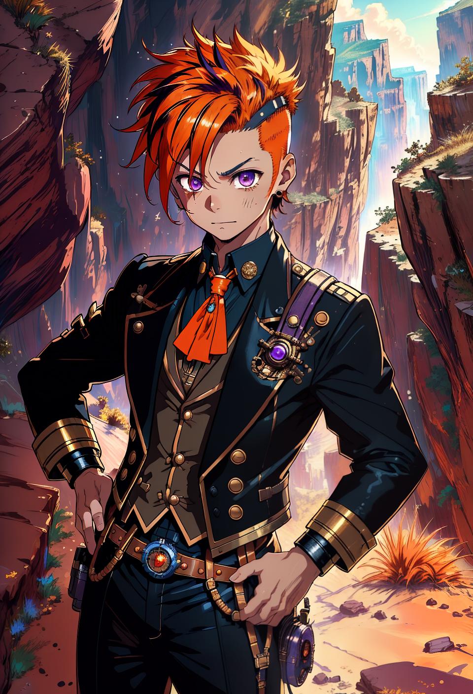  ((trending, highres, masterpiece, cinematic shot)), 1boy, chibi, male steampunk outfit, Grand Canyon scene, short messy orange hair, mohawk hairstyle, large purple eyes, neurotic personality, happy expression, tanned skin, magical, toned