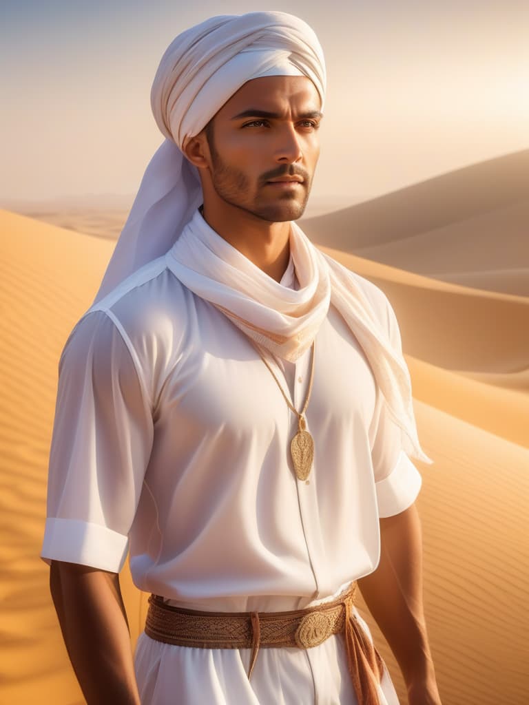  Half body portrait,Young Man Tourist wear summer casual short sleeve shirt and shorts , tie a solid white casual Headscarf standing in desert, look at to camera, cinematic lighting, stunningly beautiful, intricate, sharp focus, f/1. 8, 85mm, (professionally color graded), ((bright soft diffused light)), volumetric fog, trending on instagram, trending on tumblr, HDR 4K, 8K hyperrealistic, full body, detailed clothing, highly detailed, cinematic lighting, stunningly beautiful, intricate, sharp focus, f/1. 8, 85mm, (centered image composition), (professionally color graded), ((bright soft diffused light)), volumetric fog, trending on instagram, trending on tumblr, HDR 4K, 8K