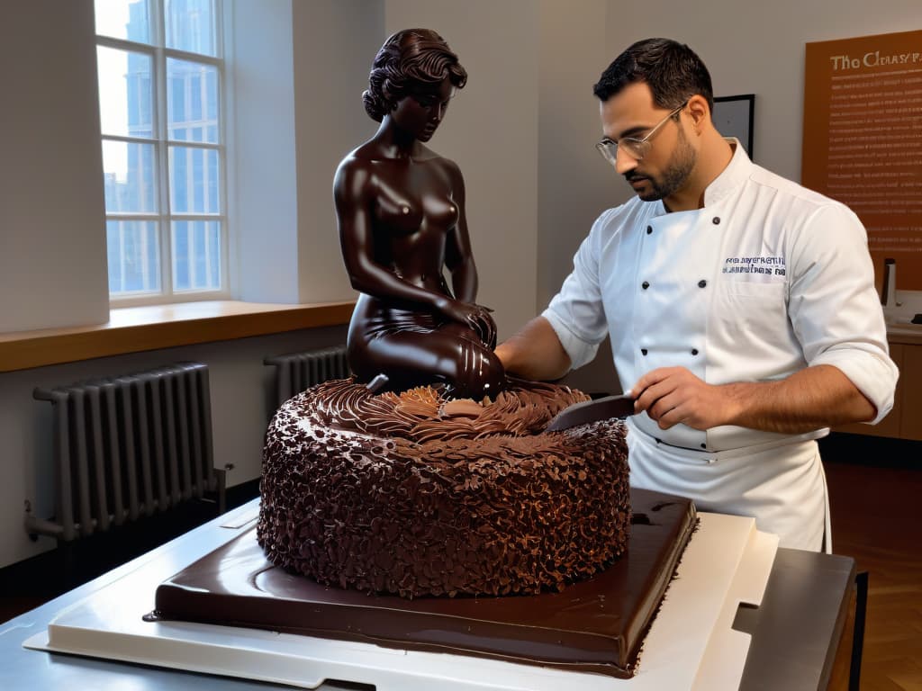  A photorealistic image of a skilled chocolatier meticulously sculpting a detailed replica of Michelangelo's David out of rich, dark chocolate. The chocolatier's hands are deftly shaping the delicate features of the statue, capturing the essence of classical artistry in the medium of chocolate. The workspace is immaculate, with tools neatly arranged around the artist, highlighting the precision and expertise required in the art of chocolate sculpting. The lighting is soft yet focused, accentuating the intricate details of the chocolate sculpture in progress. hyperrealistic, full body, detailed clothing, highly detailed, cinematic lighting, stunningly beautiful, intricate, sharp focus, f/1. 8, 85mm, (centered image composition), (professionally color graded), ((bright soft diffused light)), volumetric fog, trending on instagram, trending on tumblr, HDR 4K, 8K