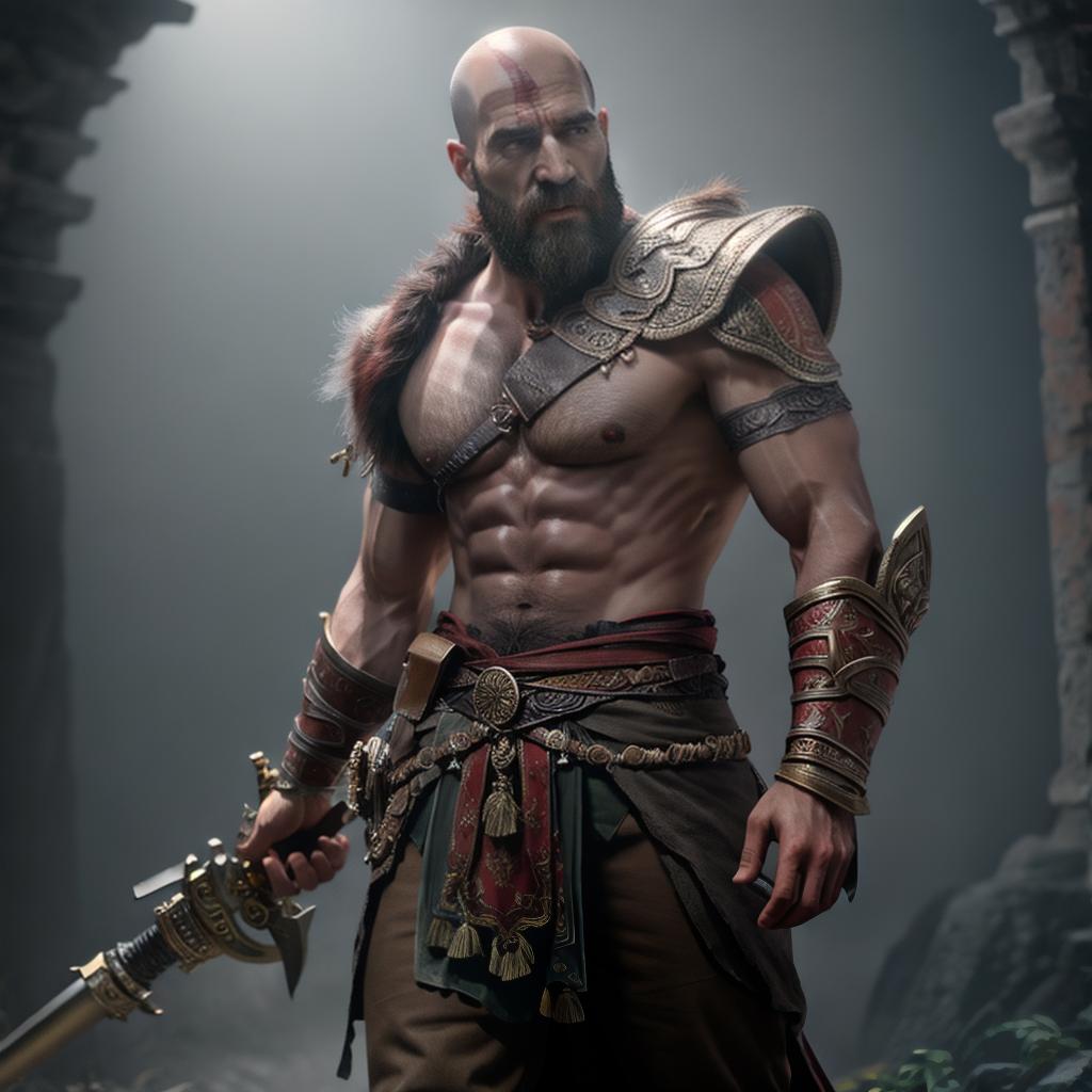  God of war hyperrealistic, full body, detailed clothing, highly detailed, cinematic lighting, stunningly beautiful, intricate, sharp focus, f/1. 8, 85mm, (centered image composition), (professionally color graded), ((bright soft diffused light)), volumetric fog, trending on instagram, trending on tumblr, HDR 4K, 8K