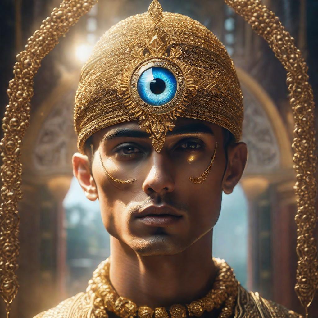  boy with gold third eye jewel hyperrealistic, full body, detailed clothing, highly detailed, cinematic lighting, stunningly beautiful, intricate, sharp focus, f/1. 8, 85mm, (centered image composition), (professionally color graded), ((bright soft diffused light)), volumetric fog, trending on instagram, trending on tumblr, HDR 4K, 8K