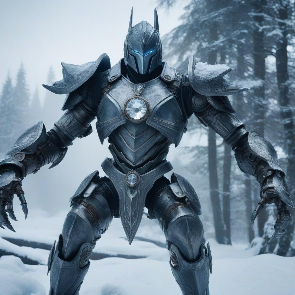  cinematic film still The appearance of all forged ones resembles a humanoid. In general, their outer appearance is mechanical in the size of a human, with hinged joints, hands, legs, and eyes with a crystal lens. In the style of fantasy, against a background of winter. Completely covered in armor. Height of 2.5 meters. Wielding a two handed hammer in his hands. . shallow depth of field, vignette, highly detailed, high budget, bokeh, cinemascope, moody, epic, gorgeous, film grain, grainy hyperrealistic, full body, detailed clothing, highly detailed, cinematic lighting, stunningly beautiful, intricate, sharp focus, f/1. 8, 85mm, (centered image composition), (professionally color graded), ((bright soft diffused light)), volumetric fog, trending on instagram, trending on tumblr, HDR 4K, 8K