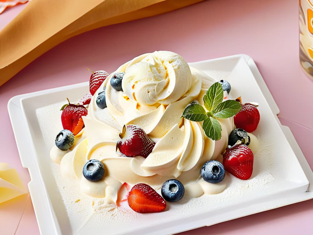  An image of a scoop of creamy, sugarfree vanilla ice cream delicately placed on top of a vibrant pile of fresh, ripe berries. The ice cream is perfectly swirled and glistens in the sunlight, while the colorful berries provide a striking contrast. The background is a simple, clean white, emphasizing the freshness and simplicity of the ingredients. hyperrealistic, full body, detailed clothing, highly detailed, cinematic lighting, stunningly beautiful, intricate, sharp focus, f/1. 8, 85mm, (centered image composition), (professionally color graded), ((bright soft diffused light)), volumetric fog, trending on instagram, trending on tumblr, HDR 4K, 8K