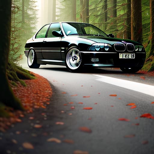  A black BMW E39 is parked in the woods on a forest road. hyperrealistic, full body, detailed clothing, highly detailed, cinematic lighting, stunningly beautiful, intricate, sharp focus, f/1. 8, 85mm, (centered image composition), (professionally color graded), ((bright soft diffused light)), volumetric fog, trending on instagram, trending on tumblr, HDR 4K, 8K