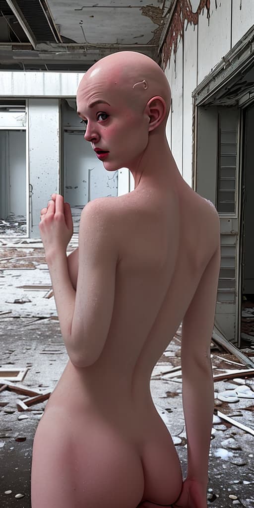  bald-girl, naked, with her back, in an abandoned building, winter, body red from the frost