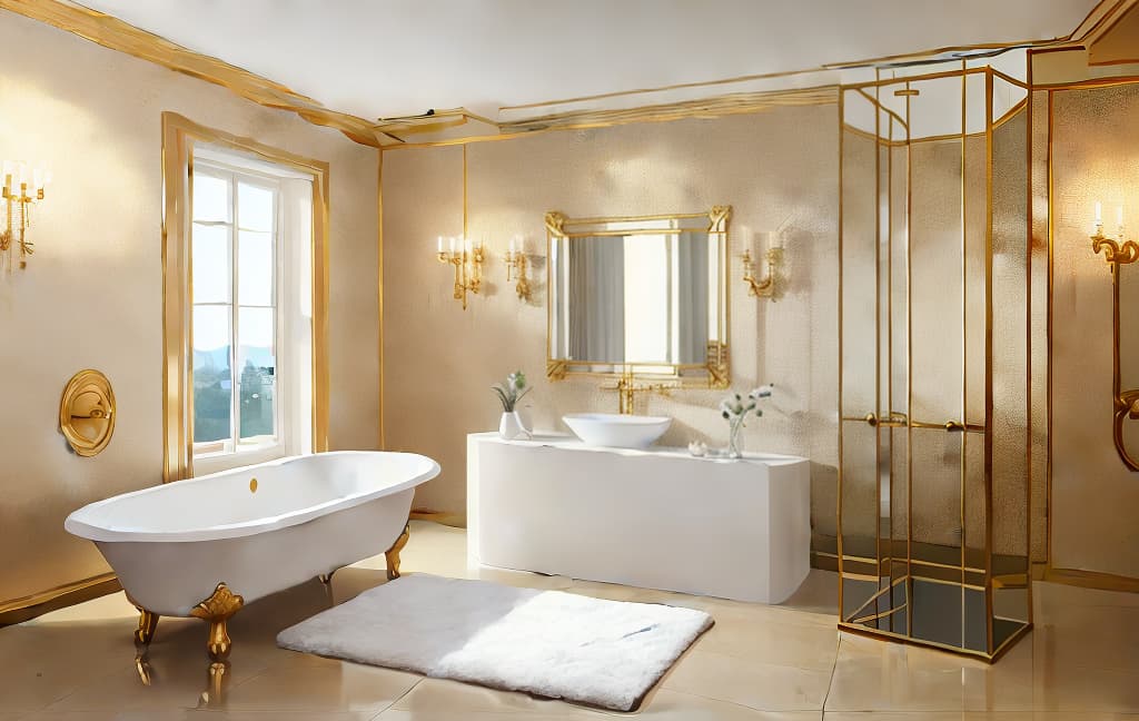  Luxurious bathroom interior with a golden freestanding bathtub, black flooring, white rug, wooden accents, elegant mirror, and a picturesque view from the window, natural light, detailed, realistic, ar 16:9, best quality, high resolution, sharp focus, in frame, (perfect image composition), ((masterpiece)), (professionally color graded), ((bright soft diffused light)), <lora:more details:0>, epiCRealism, <lyco:Mangled Merge Lyco:0>