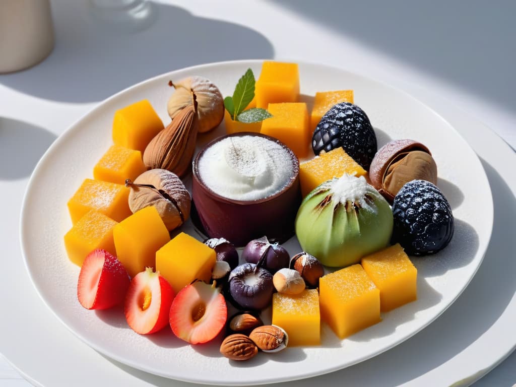  A closeup, ultradetailed image of a vibrant and diverse array of local ingredients commonly used in traditional desserts, arranged neatly on a sleek, modern white plate. The photo showcases the intricate textures and colors of each ingredient, including exotic fruits, aromatic spices, and unique nuts, creating a visually striking and minimalist composition that highlights the beauty and richness of cultural diversity in pastry making. hyperrealistic, full body, detailed clothing, highly detailed, cinematic lighting, stunningly beautiful, intricate, sharp focus, f/1. 8, 85mm, (centered image composition), (professionally color graded), ((bright soft diffused light)), volumetric fog, trending on instagram, trending on tumblr, HDR 4K, 8K