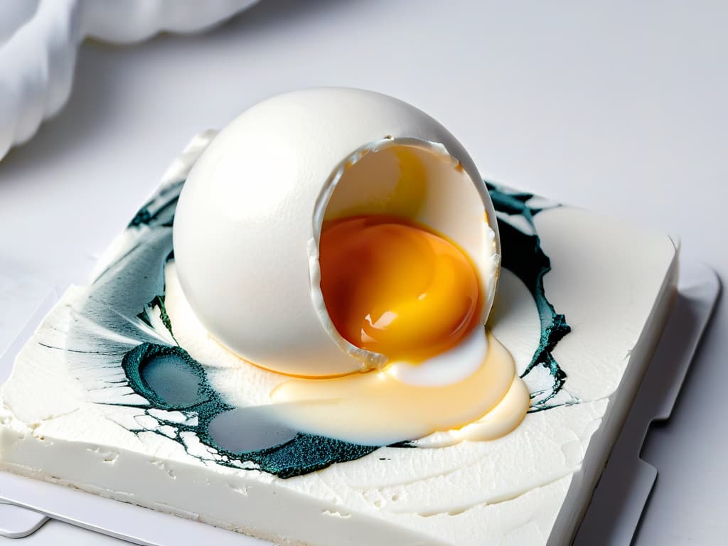  A closeup, ultradetailed image of a perfectly cracked egg with the yolk and white spilling out onto a pristine white marble countertop, showcasing the intricate textures and vibrant colors of the egg components. The lighting is soft, casting gentle shadows to highlight the natural curves and details of the eggshell, while the glossy egg white and rich yolk create a visually striking contrast. hyperrealistic, full body, detailed clothing, highly detailed, cinematic lighting, stunningly beautiful, intricate, sharp focus, f/1. 8, 85mm, (centered image composition), (professionally color graded), ((bright soft diffused light)), volumetric fog, trending on instagram, trending on tumblr, HDR 4K, 8K