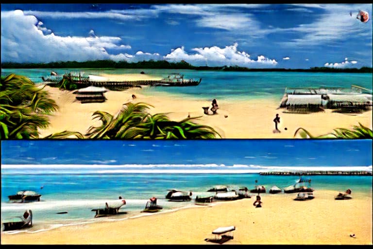  Comic style wide Beach scene on an Indonesian island with no people. There are other Indonesian islands in the distance