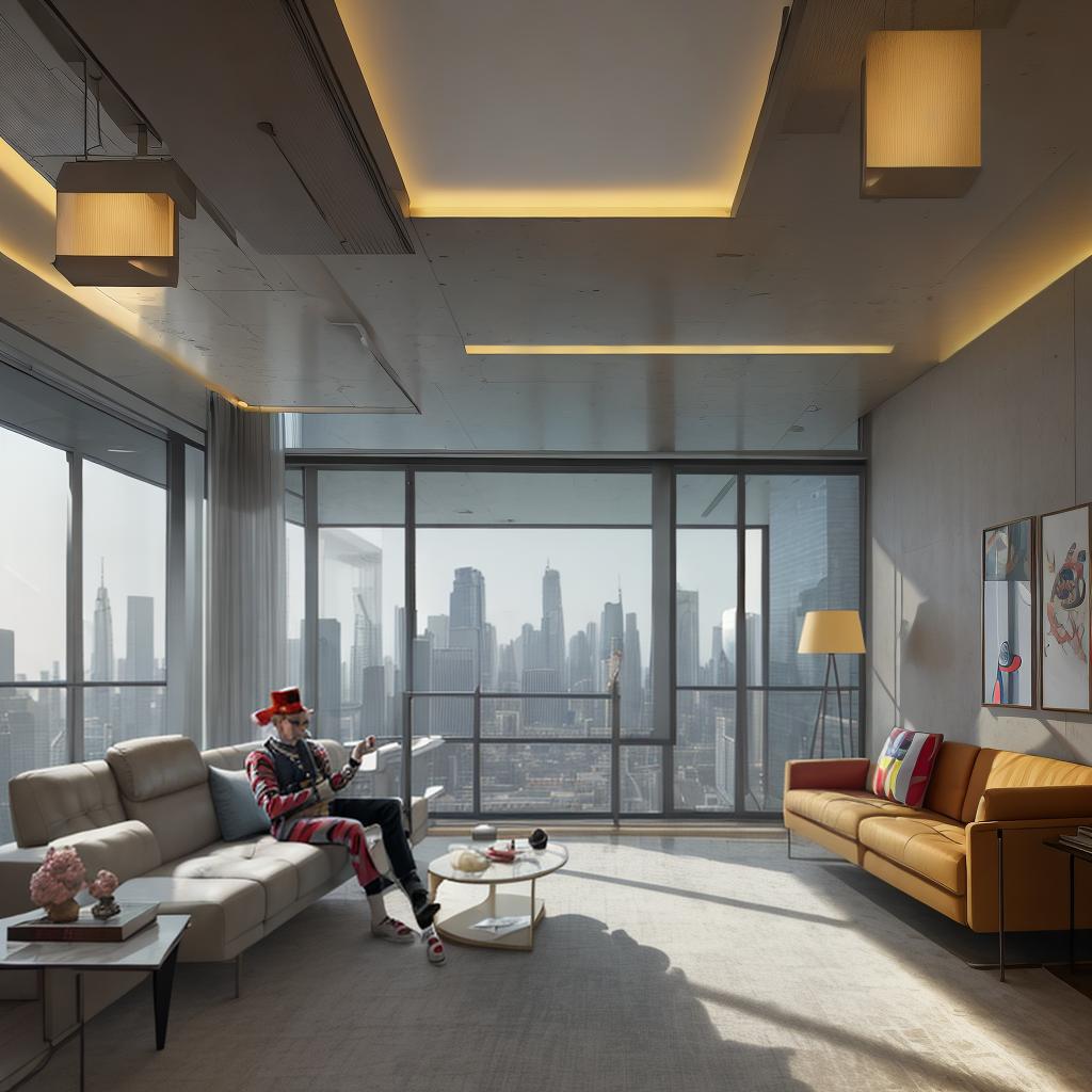  masterpiece, best quality,high resolution concept art of an apartment living room overlooking a large futuristic city with floor to ceiling windows and mid century modern furniture and a sad clown sitting on the couch cinematic lighting cgsociety,