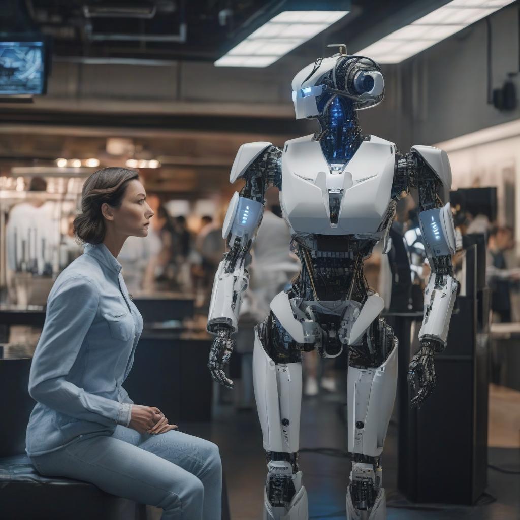  a woman and a robot stand opposite each other and they are united by neural connections, there are black, blue and white colors hyperrealistic, full body, detailed clothing, highly detailed, cinematic lighting, stunningly beautiful, intricate, sharp focus, f/1. 8, 85mm, (centered image composition), (professionally color graded), ((bright soft diffused light)), volumetric fog, trending on instagram, trending on tumblr, HDR 4K, 8K