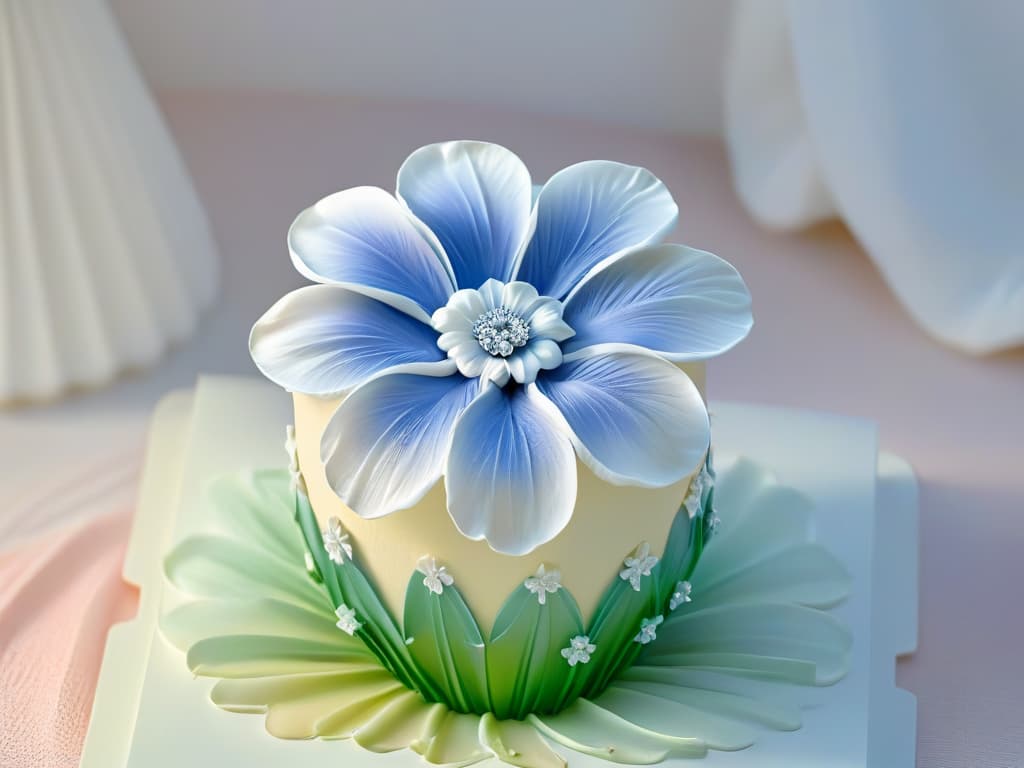  An ultradetailed closeup image of a delicate sugar flower sculpture, showcasing intricate petal details and shimmering crystallike textures, set against a softly blurred background to emphasize the artistry and craftsmanship involved in creating sugar sculptures. hyperrealistic, full body, detailed clothing, highly detailed, cinematic lighting, stunningly beautiful, intricate, sharp focus, f/1. 8, 85mm, (centered image composition), (professionally color graded), ((bright soft diffused light)), volumetric fog, trending on instagram, trending on tumblr, HDR 4K, 8K