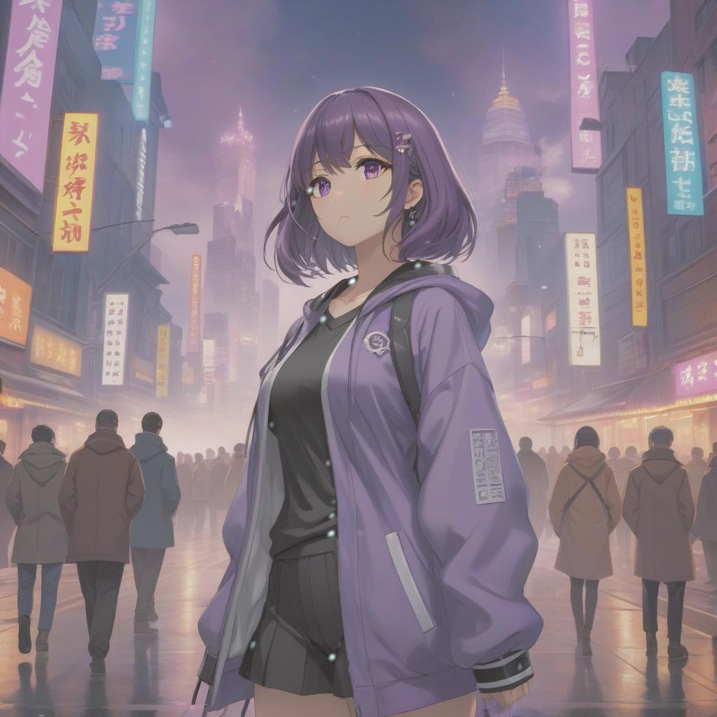  a girl standing in the middle of a city, trending on pixiv, neoism, music album cover, purple aethetic, clean detailed anime style, semirealistic anime style, tatami galaxy, wlop style, in an anime style, cyber style, anime opening, kuvshinov ilya, 2 0 2 2 anime style, anime moe artstyle, music album art hyperrealistic, full body, detailed clothing, highly detailed, cinematic lighting, stunningly beautiful, intricate, sharp focus, f/1. 8, 85mm, (centered image composition), (professionally color graded), ((bright soft diffused light)), volumetric fog, trending on instagram, trending on tumblr, HDR 4K, 8K