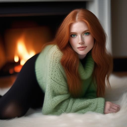 masterpiece, high quality photography of Beautiful bombshell redhead woman, (oversized_sweater:1.2), (long smooth hair), (detailed face), (green eyes), (good hands), maximum details, (FOCUS), (diffuse soft lighting), CANON EOS R3, (fur carpet), (fireplace:1), (spread legs:1.2), (rised knees), down, <lora:oversized_sweater:0.4>,, (bare shoulders:1.2), (bare nack:1.3), (window, outside snowing), , (neckline), dark, big,