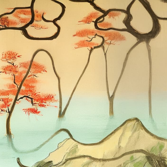  Chinese painting, High perspective, ethereal and distant, autumn colors, ancient trees,