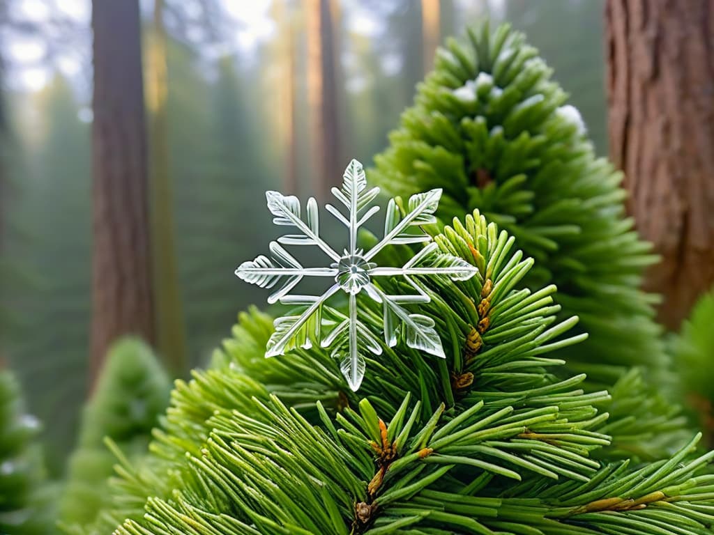  A minimalistic image of a perfectly symmetrical snowflake delicately resting on a single pine needle, with a soft winter sunlight filtering through the forest canopy in the background. The intricate details of the snowflake are crystal clear, showcasing its unique pattern and delicate structure. The contrast between the white snowflake, the green pine needle, and the warm sunlight creates a serene and enchanting winter scene, evoking a sense of tranquility and wonder. hyperrealistic, full body, detailed clothing, highly detailed, cinematic lighting, stunningly beautiful, intricate, sharp focus, f/1. 8, 85mm, (centered image composition), (professionally color graded), ((bright soft diffused light)), volumetric fog, trending on instagram, trending on tumblr, HDR 4K, 8K