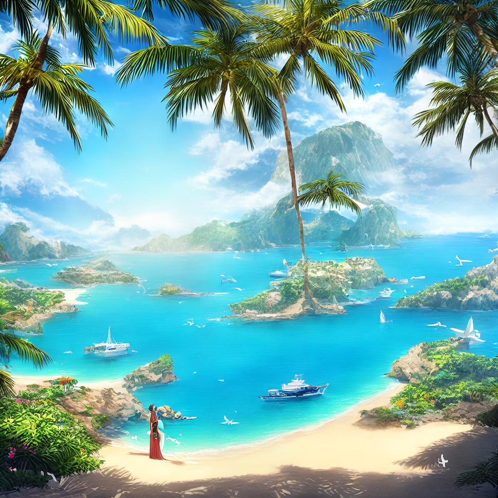  ((Masterpiece)), (((best quality))), 8k, high detailed, ultra-detailed. A serene beach scene, featuring crystal-clear turquoise waters gently lapping against the white sandy shore, (a couple embracing) under a palm tree, (a majestic sailboat) gliding across the horizon, (a flock of seagulls) soaring in the sky, and vibrant tropical flowers (blooming along the coastline), adding bursts of color to the tranquil setting. hyperrealistic, full body, detailed clothing, highly detailed, cinematic lighting, stunningly beautiful, intricate, sharp focus, f/1. 8, 85mm, (centered image composition), (professionally color graded), ((bright soft diffused light)), volumetric fog, trending on instagram, trending on tumblr, HDR 4K, 8K