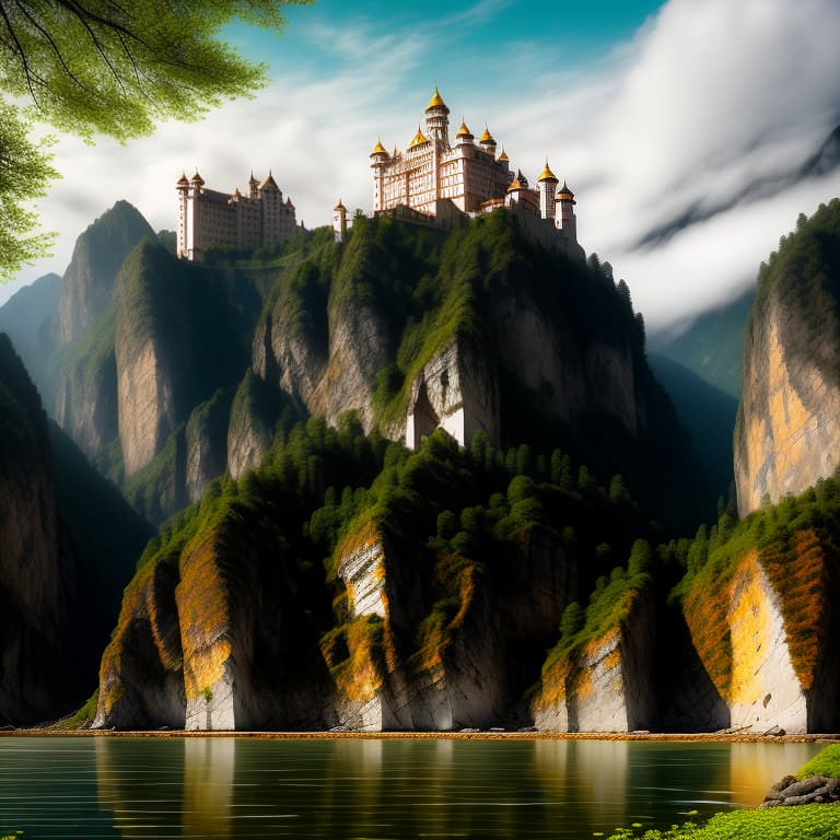  <lora:qrmonsterv3:1>RAW photo of an Indian castle surrounded by water and nature, village, volumetric lighting, photorealistic, insanely detailed and intricate, Fantasy, epic cinematic shot, trending on ArtStation, mountains, 8k ultra hd, magical, mystical, matte painting, bright sunny day, flowers, massive cliffs, Sweeper3D