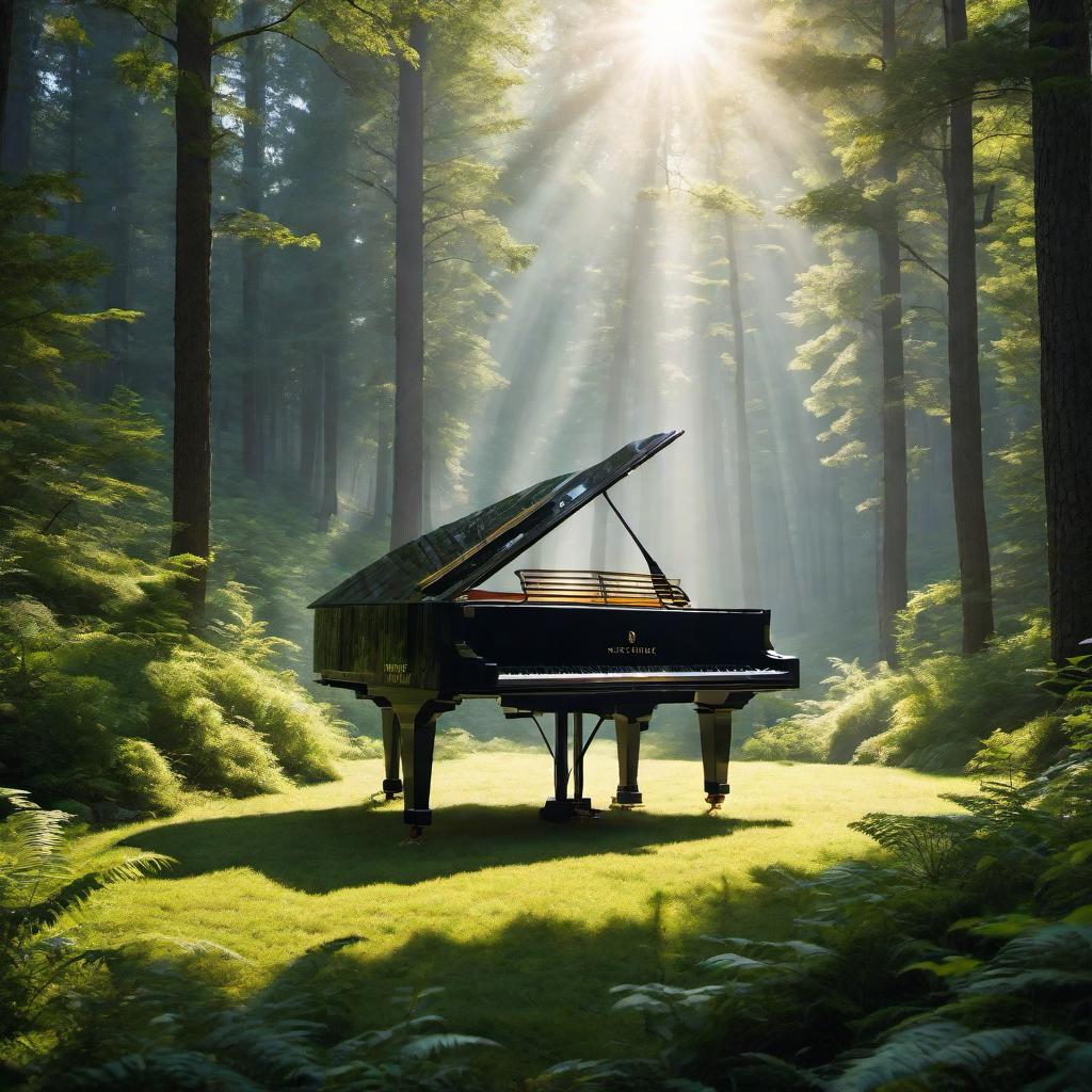  as an architecture, An anthropomorphic robot playing a grand piano in a sunlit, serene forest clearing