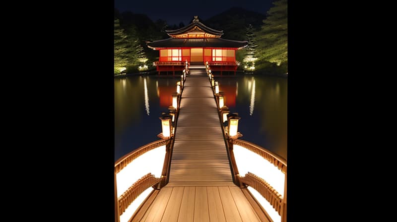  masterpiece, best quality, (Fidelity: 1.4), Best Quality, Masterpiece, Ultra High Resolution, 8k resolution, A night view inspired by Japanese art, featuring a garden illuminated by paper lanterns and a wooden bridge spanning a tranquil lake, by the lakeside, there is a small Zen temple. The water reflects the starry sky.