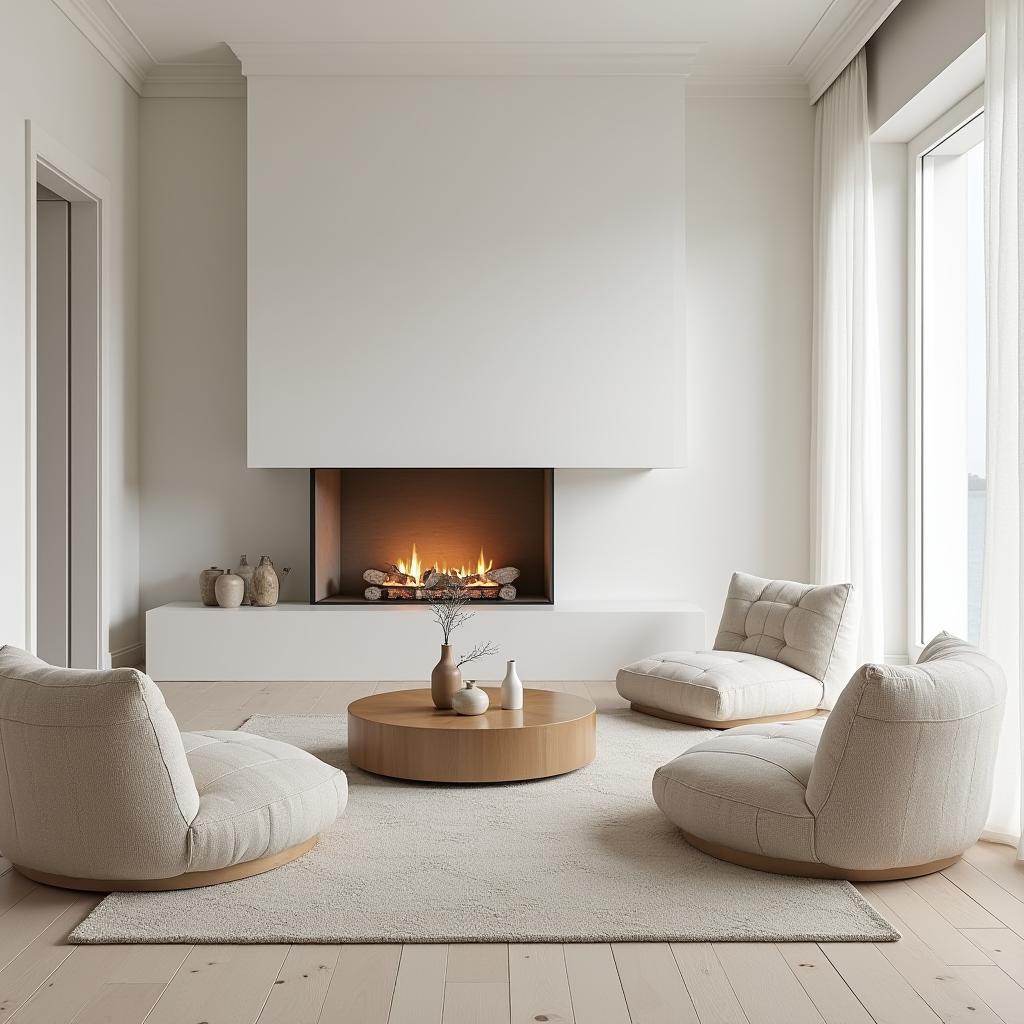  this unedited 8k photograph, taken with a hasselblad x1d ii 50c, captures a stunningly beautiful, hyperrealistic view of a cozy living room with a fireplace. styled after pieter estersohn and shot from a creative dutch angle, the image showcases a minimalist style defined by simplicity, functionality, and clean lines. the scandinavian minimalist color palette features light, airy tones, providing a modern and serene atmosphere. the scene is intricately detailed and professionally color graded, highlighted by bright, soft diffused light reminiscent of snowy light. the seating features argyle upholstery, complementing the minimalist, uncluttered aesthetic with sparse composition and neutral tones.