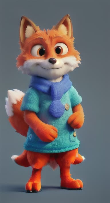  {Error the fox pressing the blue button with his paw, looking puzzled as nothing occurs., Error is a small, bright orange fox with a fluffy tail and big, inquisitive eyes. He has a mischievous yet kind expression and wears a tiny green scarf.