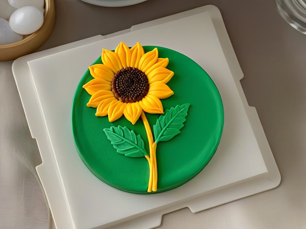  An intricately decorated sugar cookie with vibrant royal icing in the shape of a blooming sunflower, showcasing meticulous detail in the petals, center, and delicate green leaves. The cookie rests on a pristine white ceramic plate, set against a soft, blurred background to emphasize the artistry and craftsmanship of the design. Each petal is meticulously outlined and filled with shades of golden yellow, sunny orange, and rich brown, creating a stunning visual display that exudes both elegance and creativity. hyperrealistic, full body, detailed clothing, highly detailed, cinematic lighting, stunningly beautiful, intricate, sharp focus, f/1. 8, 85mm, (centered image composition), (professionally color graded), ((bright soft diffused light)), volumetric fog, trending on instagram, trending on tumblr, HDR 4K, 8K