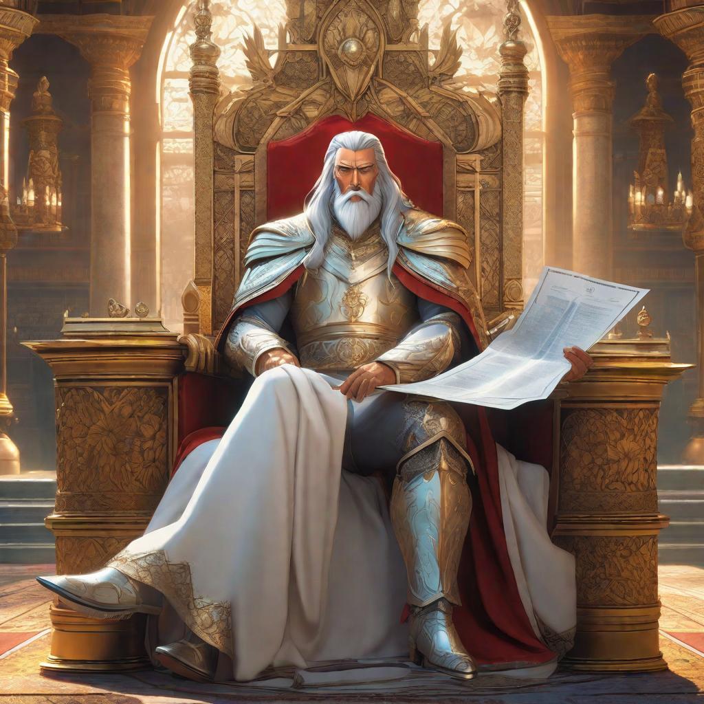  A king sitting on his throne holding a paper., anime concept art by Hayao Miyazaki, featured on pixiv, fantasy art, concept art, official art, high detailed hyperrealistic, full body, detailed clothing, highly detailed, cinematic lighting, stunningly beautiful, intricate, sharp focus, f/1. 8, 85mm, (centered image composition), (professionally color graded), ((bright soft diffused light)), volumetric fog, trending on instagram, trending on tumblr, HDR 4K, 8K