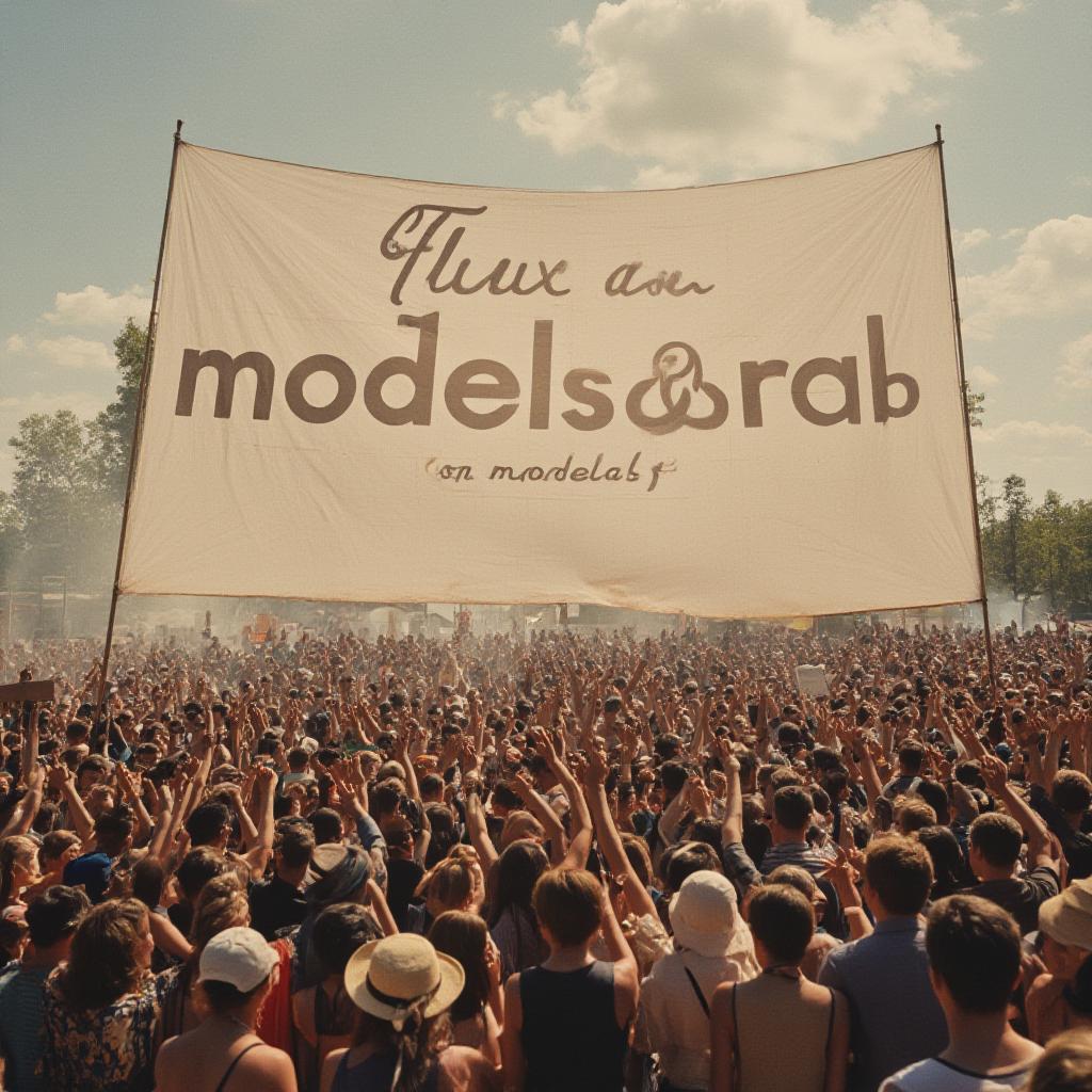  vintage style, a huge crowd cheering at a huge banner, banner contains the text 'flux lora on modelslab'.