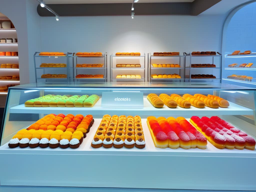  An image of a sleek, modern pastry shop with a monochromatic color scheme. The interior features minimalist white walls, polished concrete floors, and simple, elegant display cases showcasing a variety of colorful pastries arranged in a visually appealing gradient pattern. The pastries range from vibrant reds and oranges to calming blues and greens, creating a striking visual impact that highlights the role of color in modern pastry design. hyperrealistic, full body, detailed clothing, highly detailed, cinematic lighting, stunningly beautiful, intricate, sharp focus, f/1. 8, 85mm, (centered image composition), (professionally color graded), ((bright soft diffused light)), volumetric fog, trending on instagram, trending on tumblr, HDR 4K, 8K