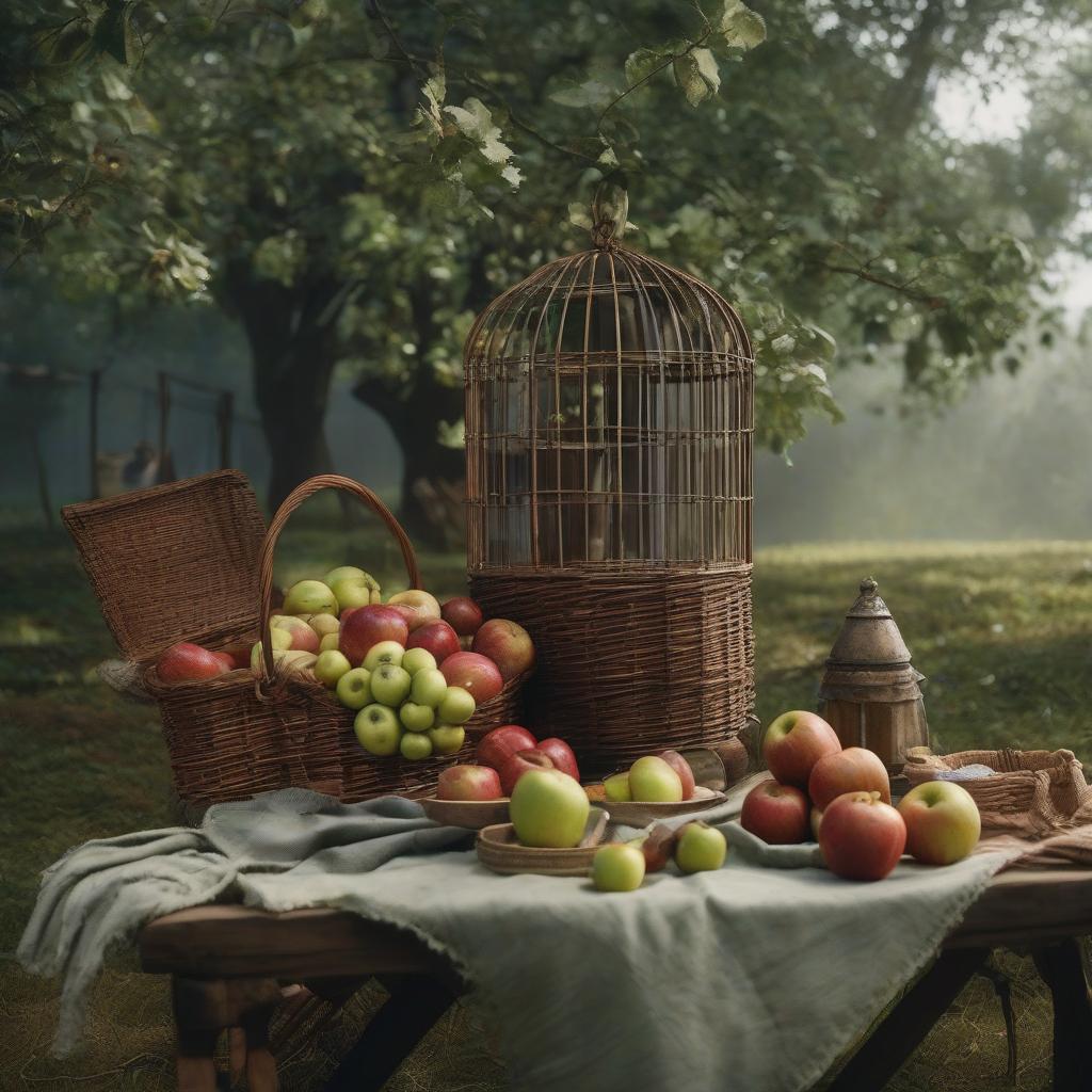  Side view of a picnic with a green tablecloth in a cage and apples without people. hyperrealistic, full body, detailed clothing, highly detailed, cinematic lighting, stunningly beautiful, intricate, sharp focus, f/1. 8, 85mm, (centered image composition), (professionally color graded), ((bright soft diffused light)), volumetric fog, trending on instagram, trending on tumblr, HDR 4K, 8K