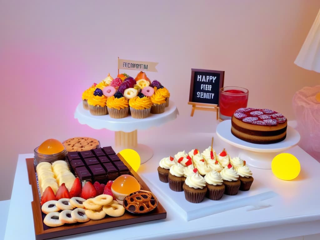  A cozy and inviting sleepover setup with a variety of colorful and enticing sweet snacks displayed on a sleek, modern table. The snacks include an assortment of cookies, cupcakes, candies, and chocolates arranged neatly on elegant platters and stands. Soft fairy lights cast a warm glow over the scene, creating a magical and inviting atmosphere perfect for a sweetfilled pajama party. hyperrealistic, full body, detailed clothing, highly detailed, cinematic lighting, stunningly beautiful, intricate, sharp focus, f/1. 8, 85mm, (centered image composition), (professionally color graded), ((bright soft diffused light)), volumetric fog, trending on instagram, trending on tumblr, HDR 4K, 8K