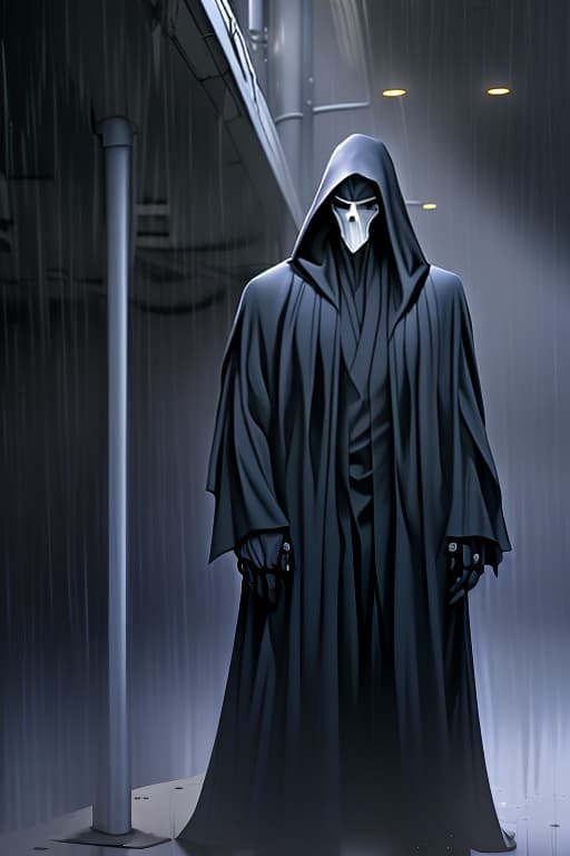  A-TaK, Tall, standing under freeway light, heavy rain, dressed like grim reaper, white mask, Grendel type