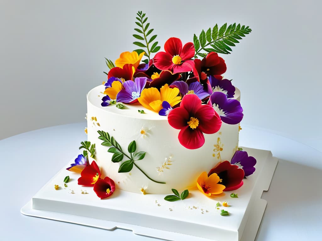  An 8k ultradetailed image of a pristine white fondant cake delicately adorned with a vibrant array of edible flowers, meticulously placed in a cascading design that exudes elegance and sophistication. The cake is set against a clean, minimalistic backdrop, emphasizing the natural beauty and intricate detailing of the floral elements, creating a visually stunning and appetizing centerpiece for any premium dessert table. hyperrealistic, full body, detailed clothing, highly detailed, cinematic lighting, stunningly beautiful, intricate, sharp focus, f/1. 8, 85mm, (centered image composition), (professionally color graded), ((bright soft diffused light)), volumetric fog, trending on instagram, trending on tumblr, HDR 4K, 8K