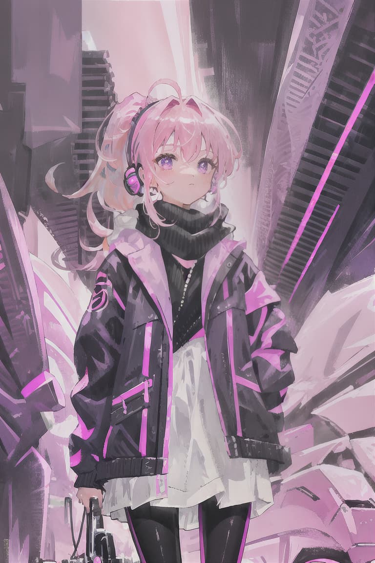  master piece , best quality,Pink hair, girl, ponytail, purple scarf, black oversized jacket, space, pink motorcycle