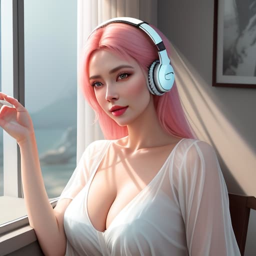  analog style, best quality, gorgeous young Swiss sitting by window with headphones on, wearing colourless with translucent shirt over, soft lips, beach hair, pink s, octane render, unreal engine, photograph, realistic skin texture, photorealistic, hyper realism, highly detailed, 85mm portrait photography, award winning, hard rim lighting photography hyperrealistic, full body, detailed clothing, highly detailed, cinematic lighting, stunningly beautiful, intricate, sharp focus, f/1. 8, 85mm, (centered image composition), (professionally color graded), ((bright soft diffused light)), volumetric fog, trending on instagram, trending on tumblr, HDR 4K, 8K