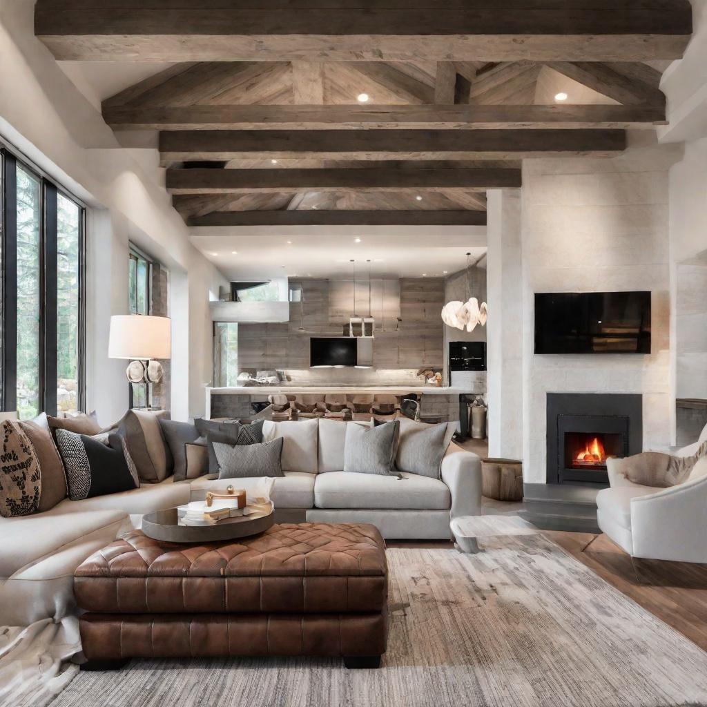   Design a cozy den with exposed wooden beams, a stone fireplace, and leather armchairs for a refined yet rustic feel. 8k, cinematic lighting, HDR